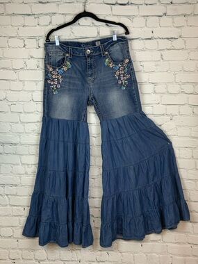 One of a Kind Upcycled Charm Embroidered Multi Tier Bell Bottom Jeans